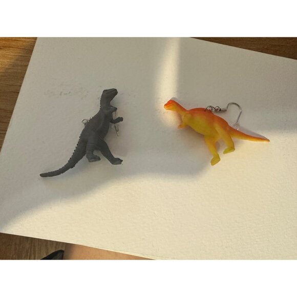 Dinosaur Earrings, Tyrannosaurus Rex Dangle Drop Earrings, Novelty Jewelry - Picture 2 of 3